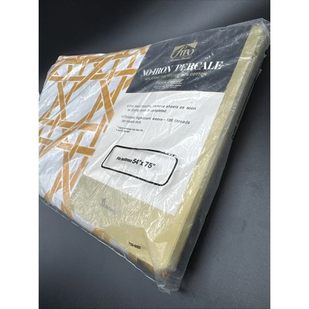 Vintage 70s Bed Sheet FULL FITTED Size Gold Cane Print JC Penny Pennys New